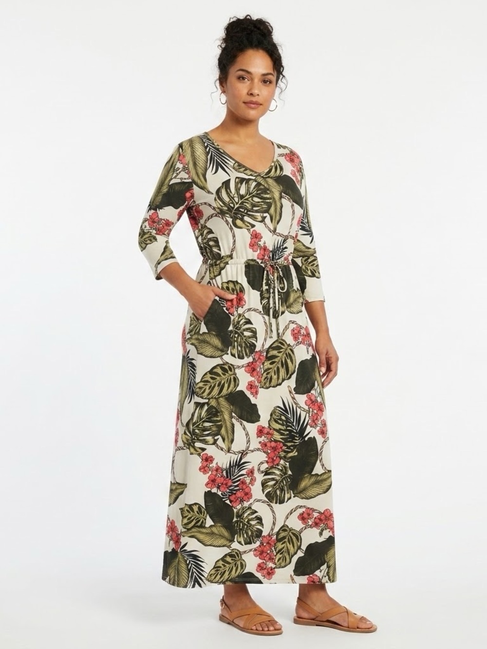 Tropical Floral Palm Print Drawstring Maxi Dress Size Medium Stretch Jersey